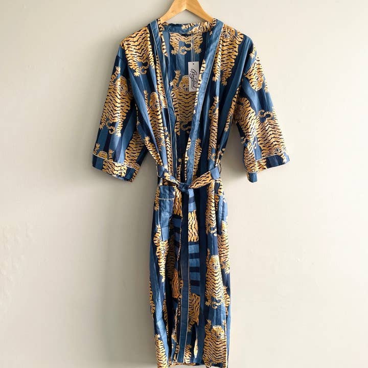 Block Printed Kimono Robe - Blue Tiger