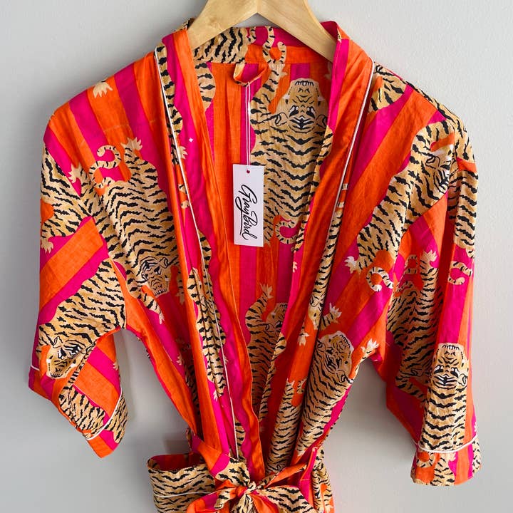 Block Printed Kimono Robe - Orange/Pink Tiger