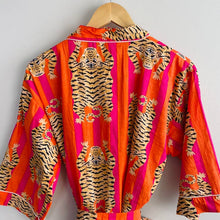 Load image into Gallery viewer, Block Printed Kimono Robe - Orange/Pink Tiger

