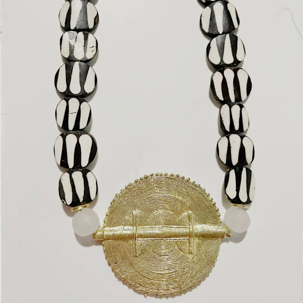 Brass Baule Pendant & Wood Bead Statement Necklace
