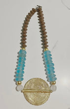 Load image into Gallery viewer, Brass Baule Pendant Statement Necklace with Wood &amp; Glass Beads
