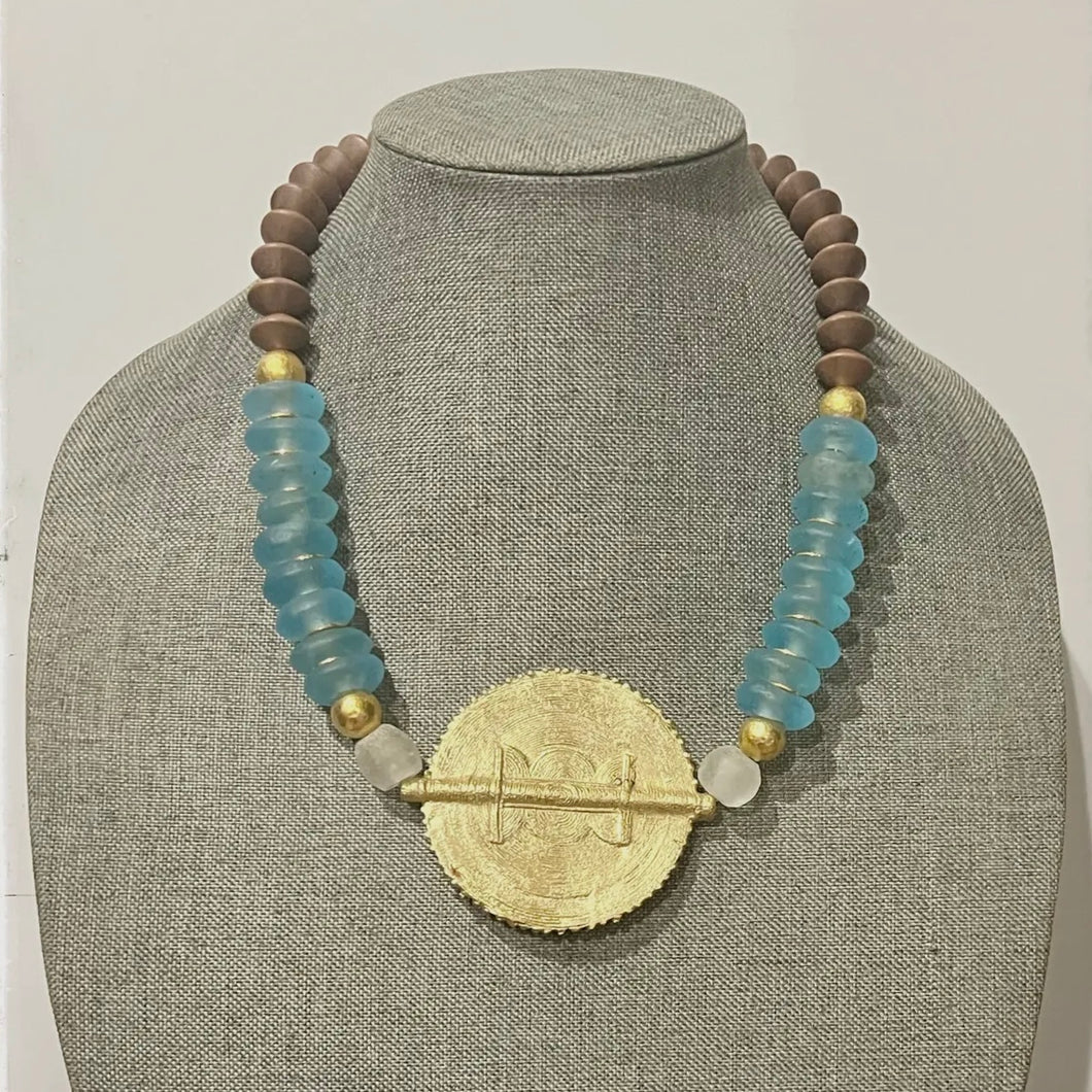 Brass Baule Pendant Statement Necklace with Wood & Glass Beads
