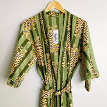 Load image into Gallery viewer, Block Printed Kimono Robe - Green Tiger
