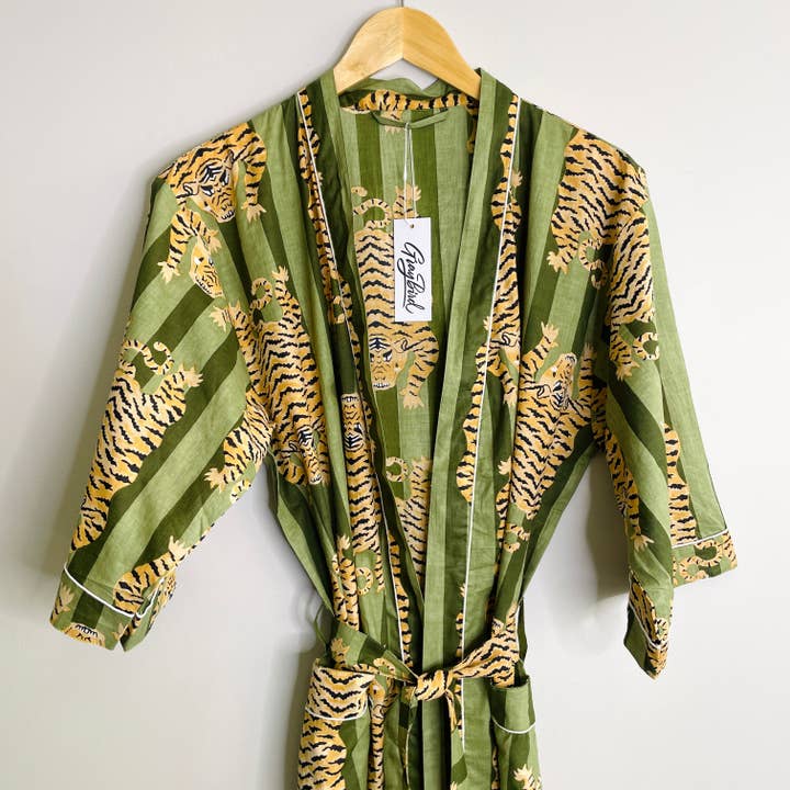 Block Printed Kimono Robe - Green Tiger