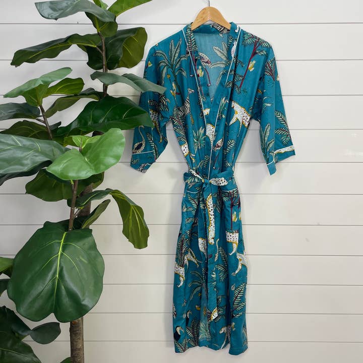 Block Printed Kimono Robe - Sapphire Safari